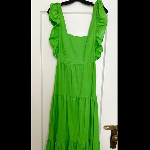 Green Tiered Maxi Dress with Ruffle Sleeves and Tie Back Square Neck - Picture 1 of 6